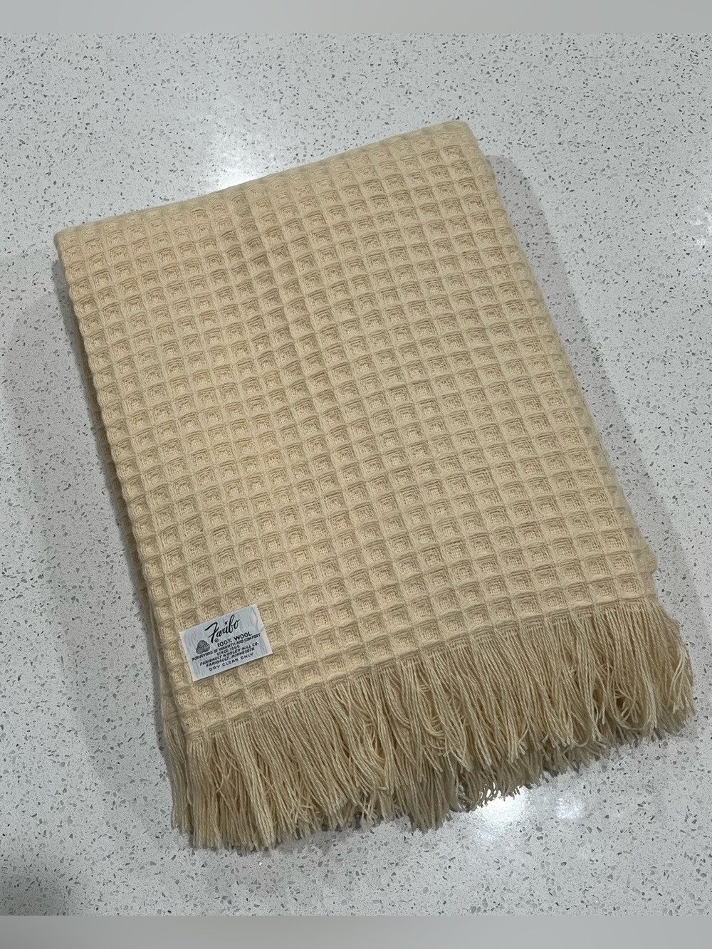 Faribo Vintage Woolen Mills 100% Wool Waffle Blanket Throw 50 x 70 Cream Fringe